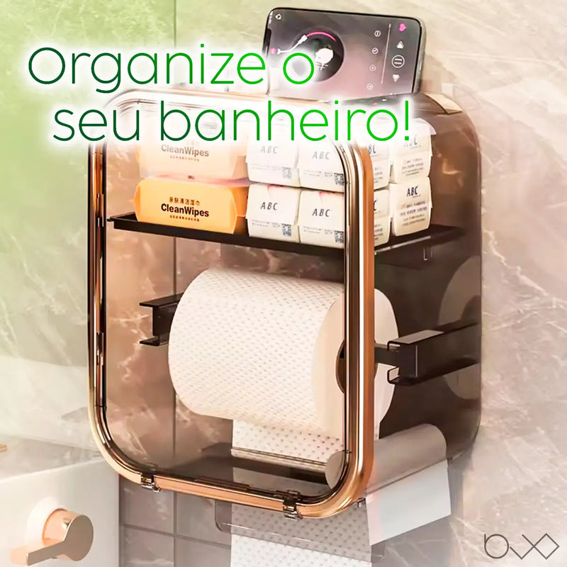 Organizador de Banheiro 2 em 1 – Estrutura Dourada com Porta-Papel